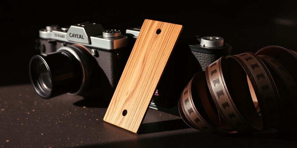 Camera, clapboard, and film reel.