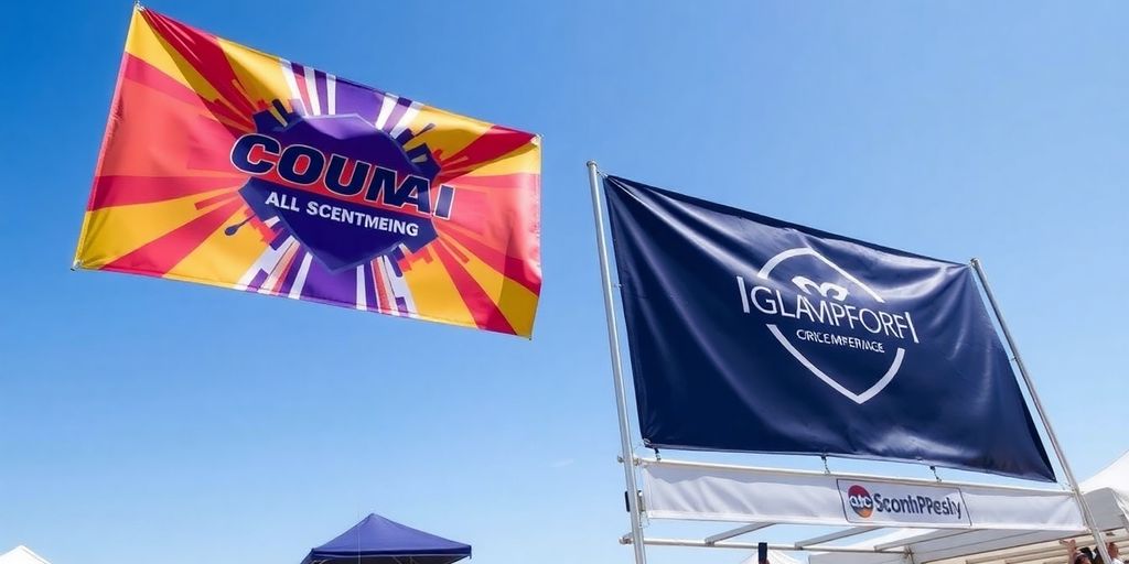 Custom banners displayed at an outdoor event.