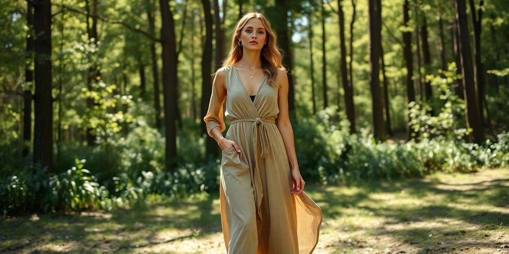 Woman in nature dress, stylish outdoor fashion