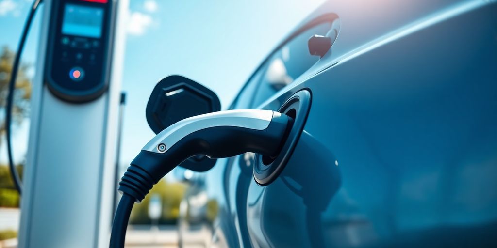 Electric vehicle charging station with a car plugged in.