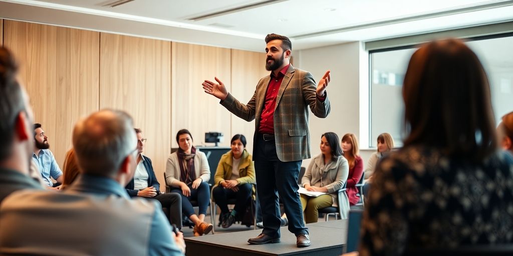 Confident speaker engages diverse audience in public speaking exercise.