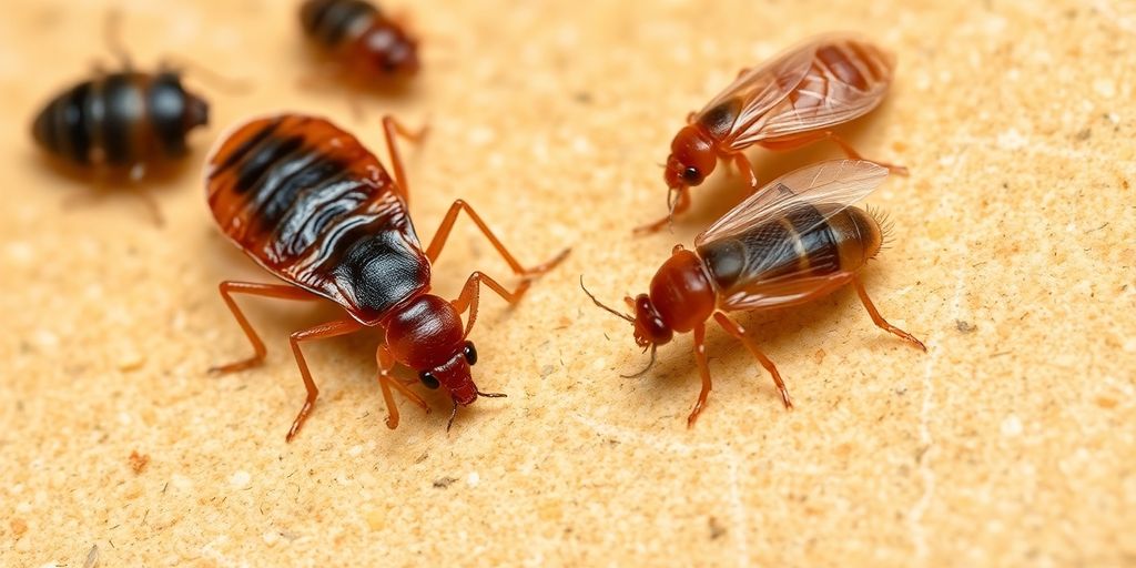 Close-up of bed bugs and fleas on a surface.