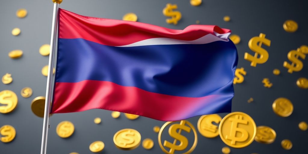 Thai flag with currency symbols overlapping.