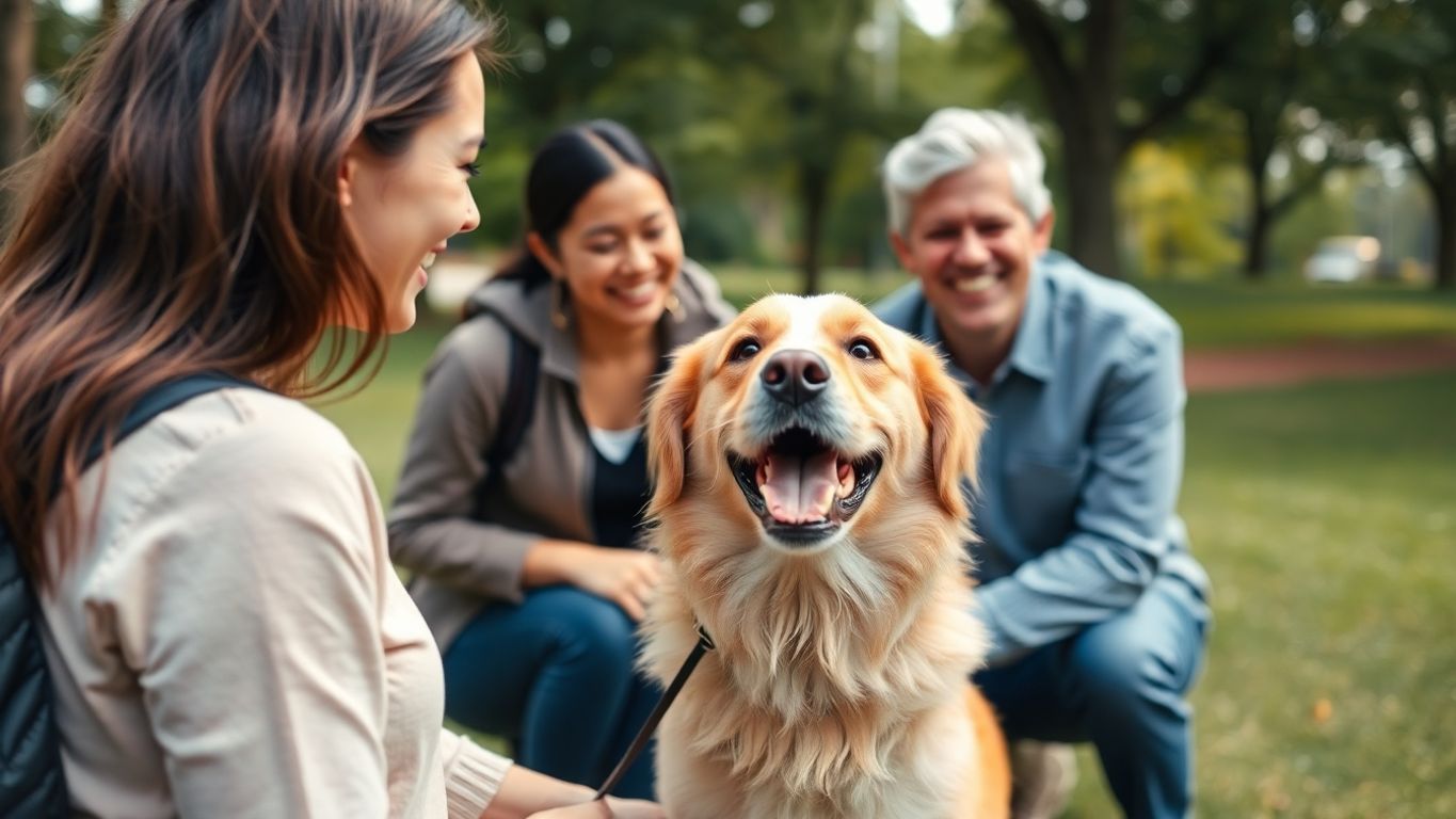 Cães interagindo com pessoas em um parque.
