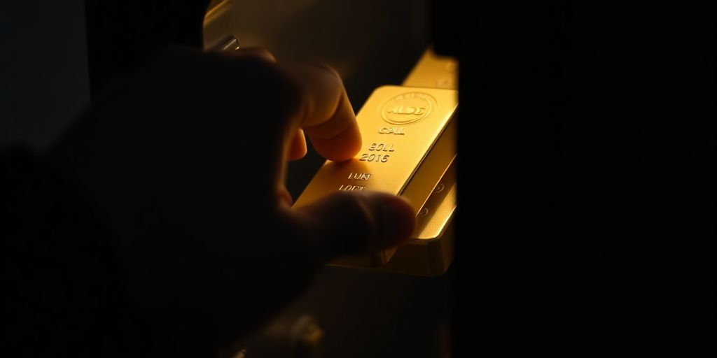 Une personne gardant un coffre-fort rempli d'or à la maison.