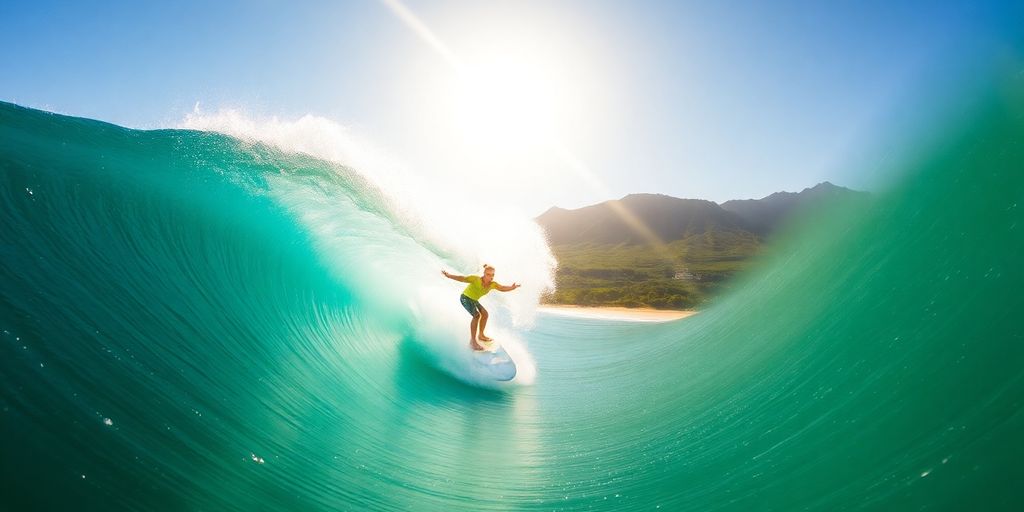 A surfer carves a turn on a large blue wave.