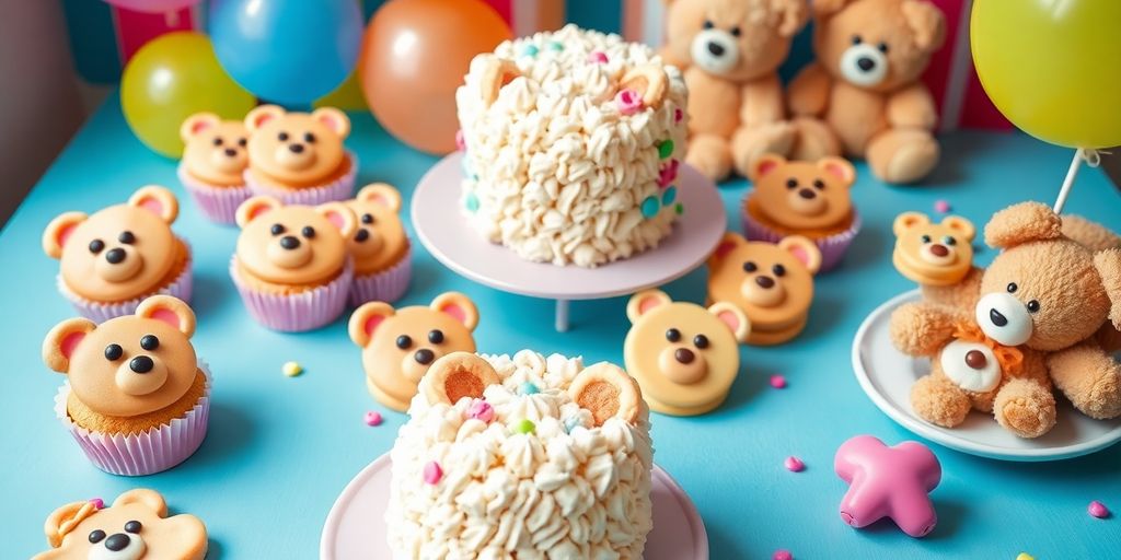 Teddy bear-themed treats on a festive party table.