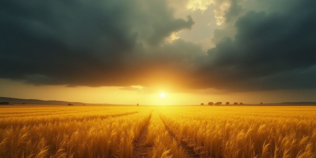 Image d'un paysage doré avec des nuages menaçants.