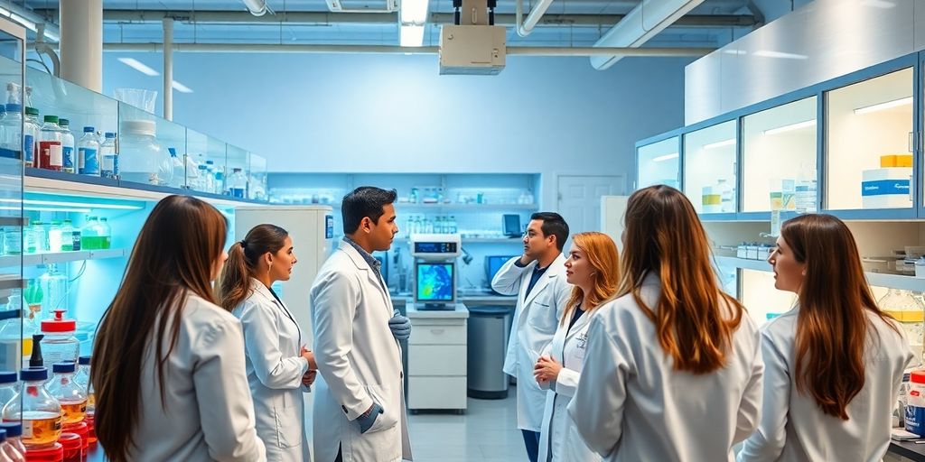 Scientists collaborating in a modern laboratory setting.