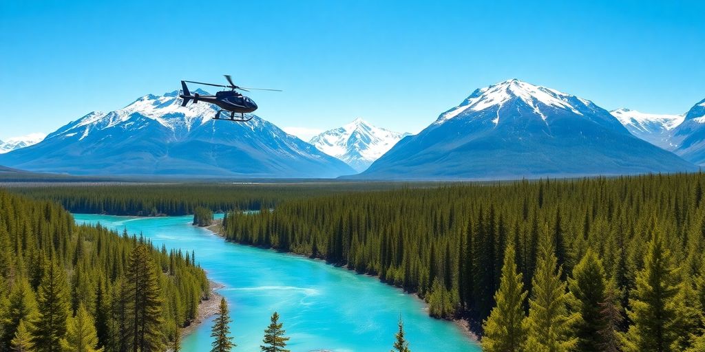 A crane helicopter flying over a vast Alaskan mountain range.