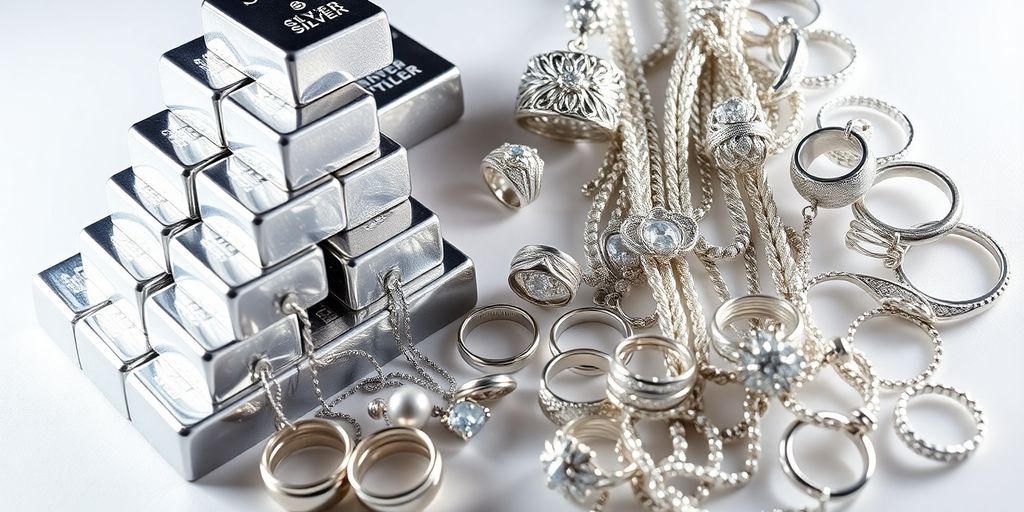 Lingots d'argent et bijoux étincelants ensemble.