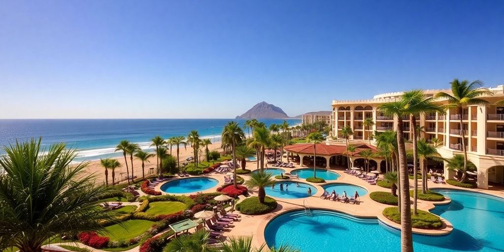 Luxurious beachfront view of Pueblo Bonito Resort.