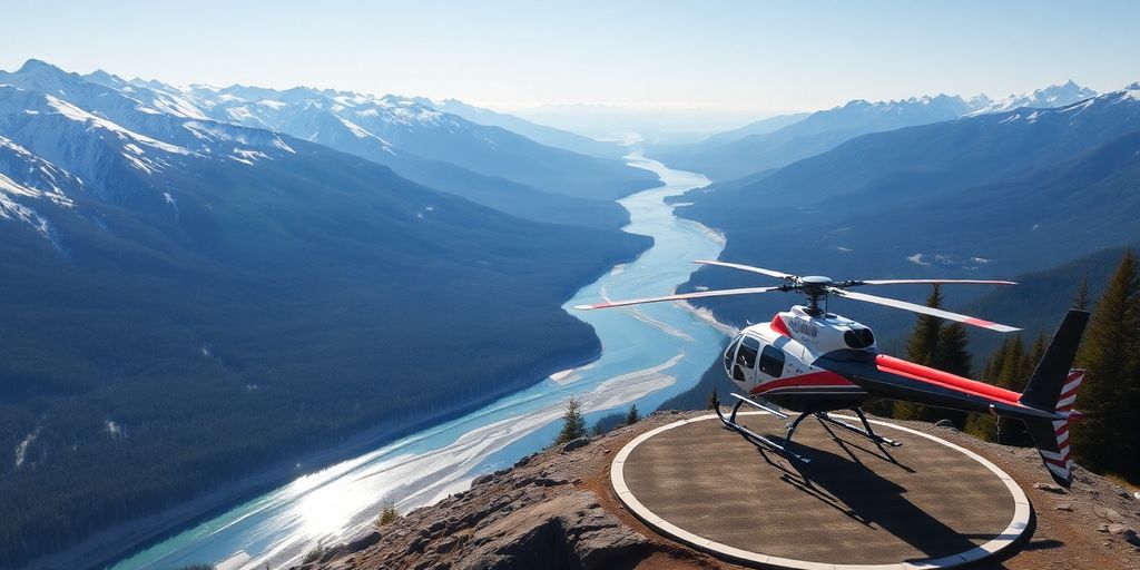 A helicopter on a remote helipad in the Alaskan wilderness.