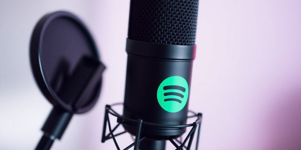 Podcast microphone with Spotify logo.