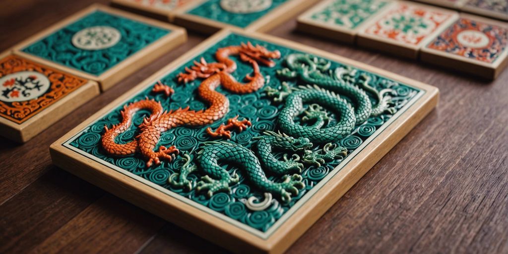 Close-up of colorful dragon tiles from Mahjong set on a wooden table, showcasing intricate designs and patterns.
