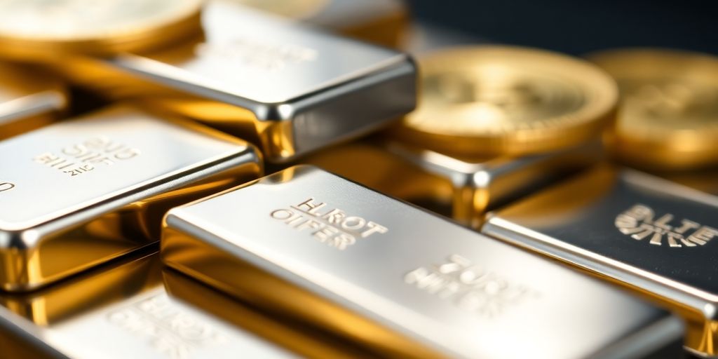 Pièces d'or et lingots d'argent empilés