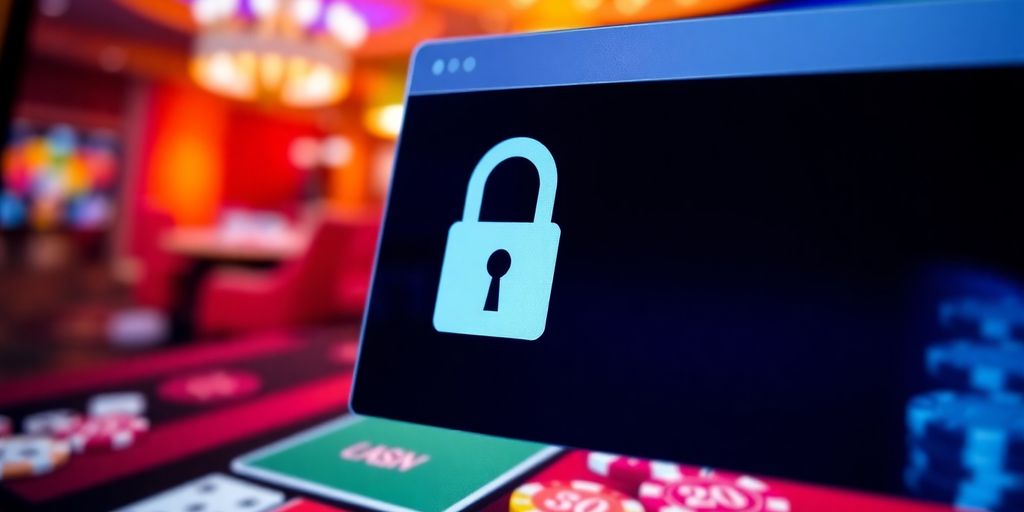 Beeld van een veilig online casino met slot en chips.