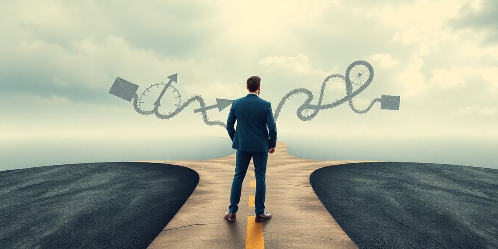 Business owner looking thoughtfully at a complex, winding path.