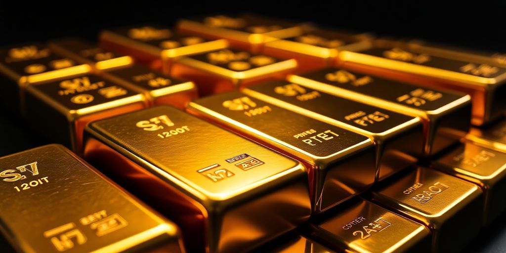 Barres d'or brillantes sur fond sombre.