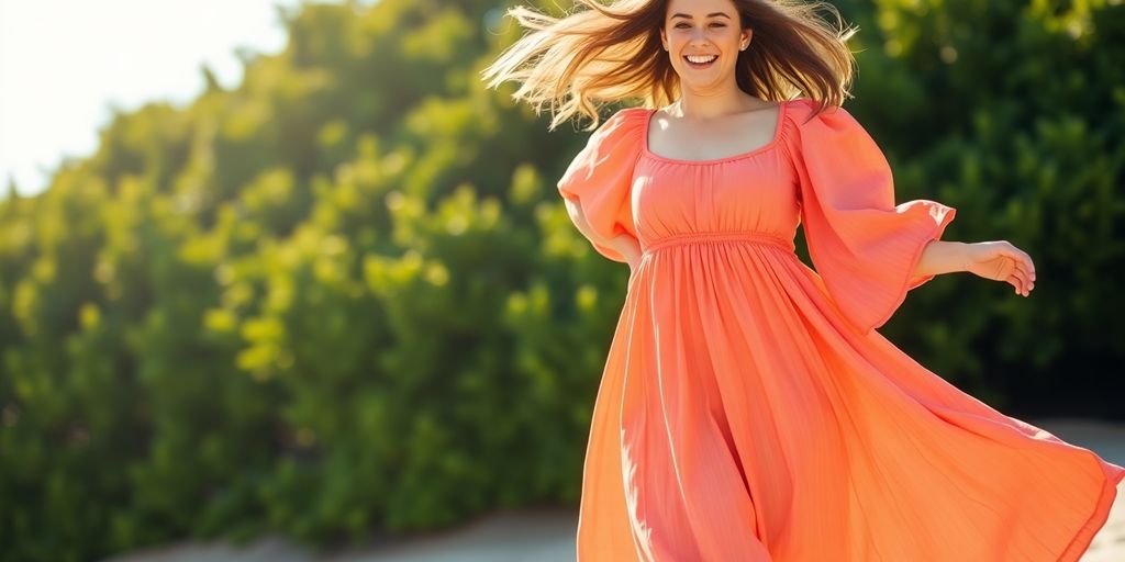 Woman in cotton scoop-neck puff-sleeve maxi dress.
