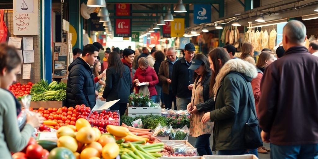 Local market with diverse customers and vendors interacting.