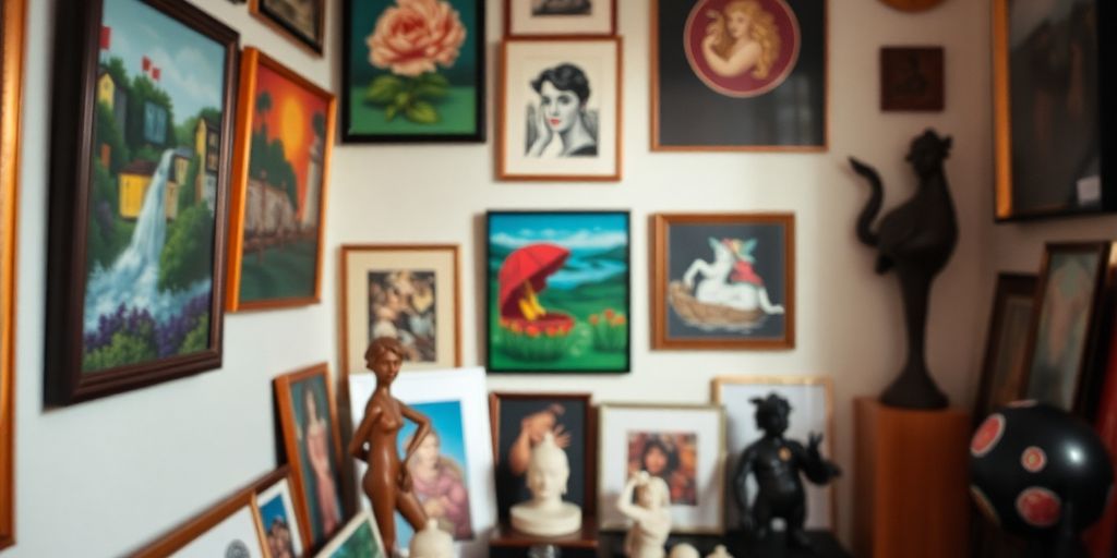 Small art collection displayed in a cozy room.