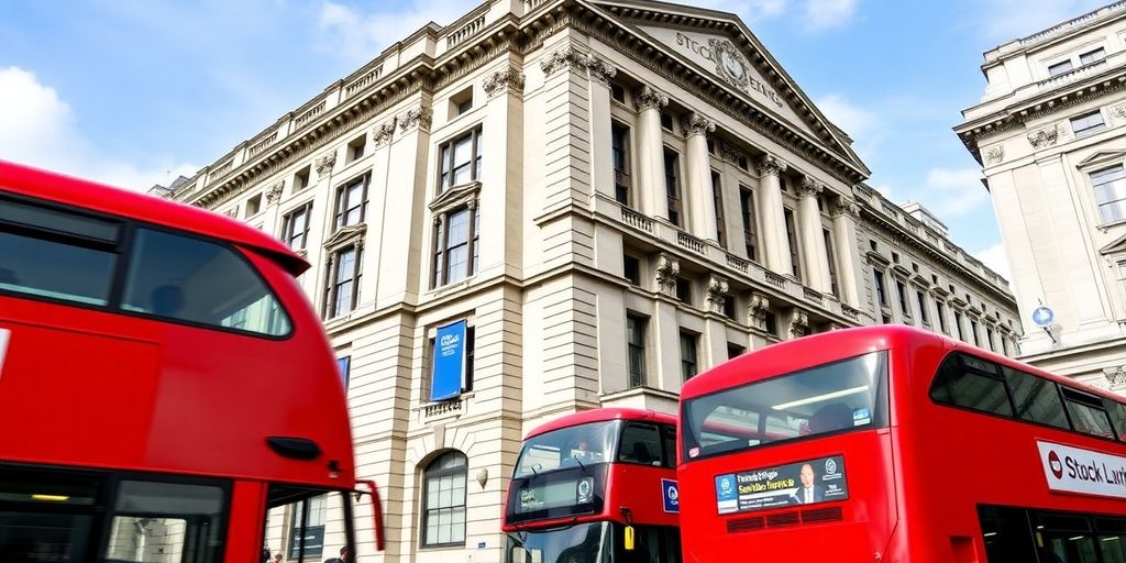 London Stock Exchange building with red double-decker buses