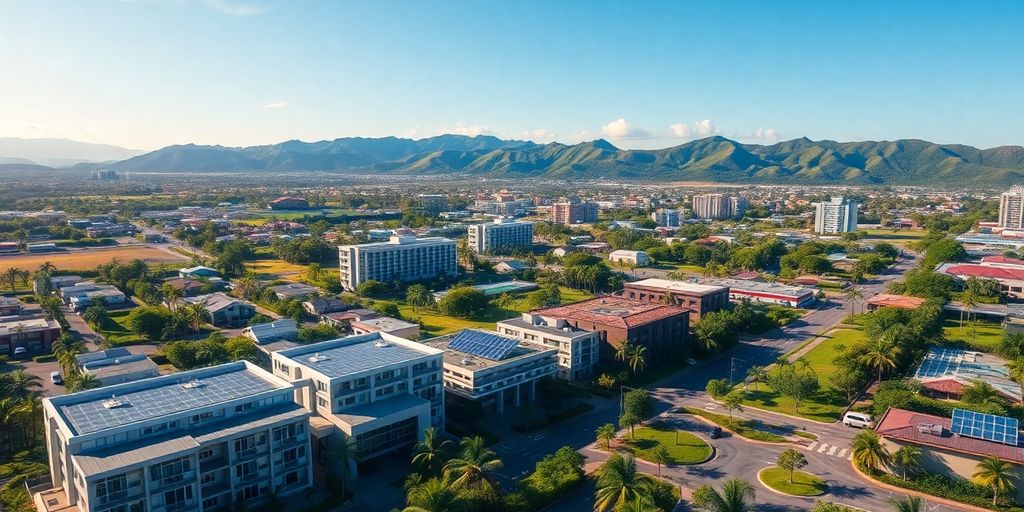 Aerial view of Maui's sustainable urban development with greenery.
