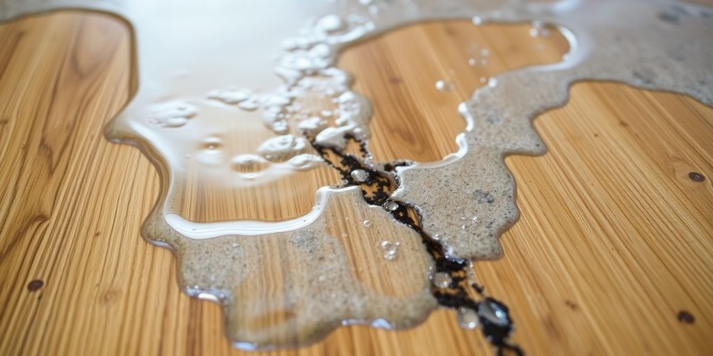 Water pooling on damaged wooden floor surface.