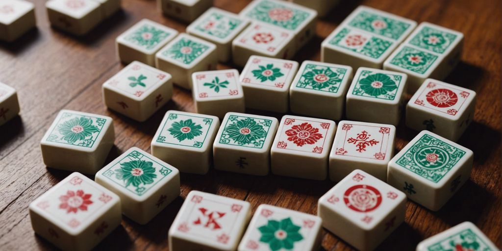 Close-up of Mahjong tiles with intricate designs and vibrant colors, arranged on a wooden table.