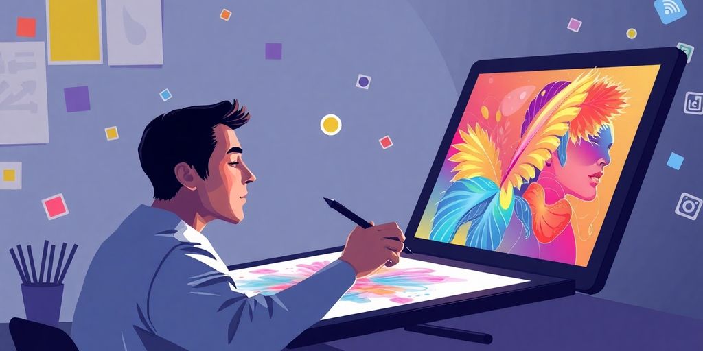 Digital painting of a graphic artist working.