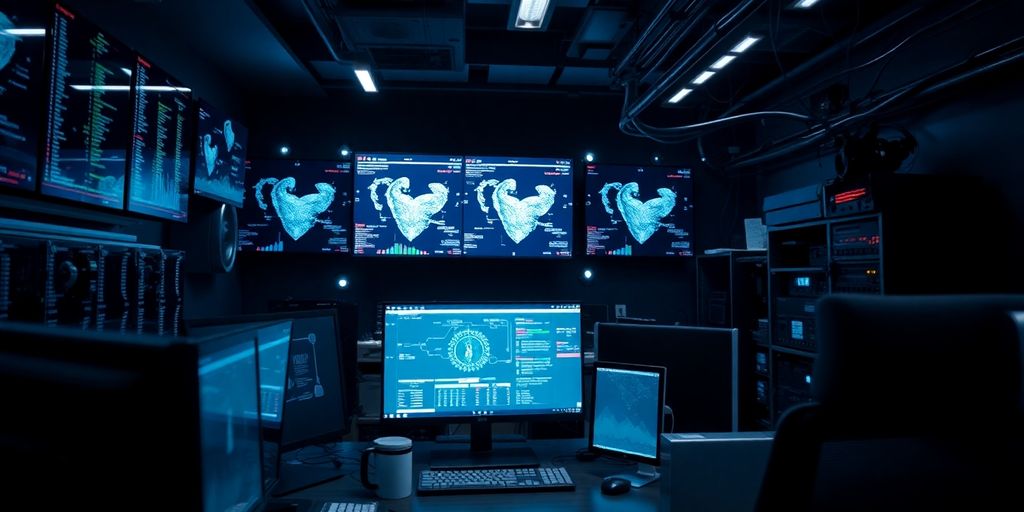 High-tech cybersecurity office with modern equipment and monitors.