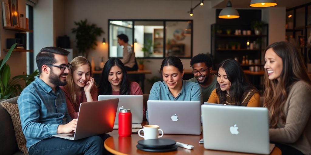 Professionals working remotely in cozy environments with laptops.