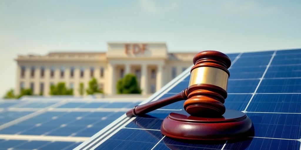 Panneaux solaires, marteau de juge, et bâtiment EDF.