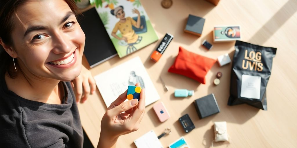 A person surrounded by various niche products.
