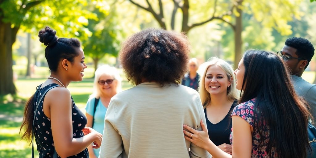 People sharing a laugh and a hug outdoors.