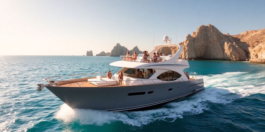 Luxury yacht sailing on turquoise Cabo waters for bachelorette party.
