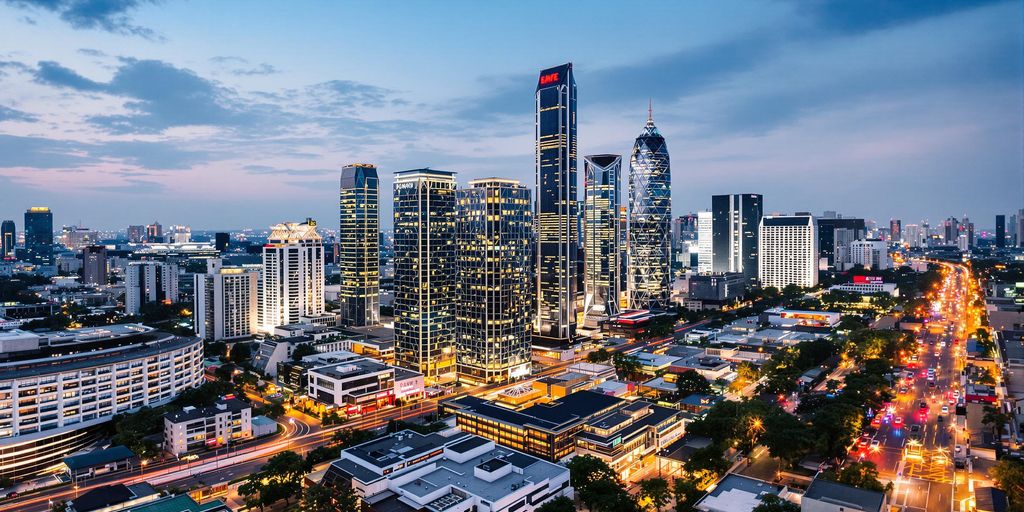 Modern cityscape with elegant dining and luxurious skyscrapers under twilight.