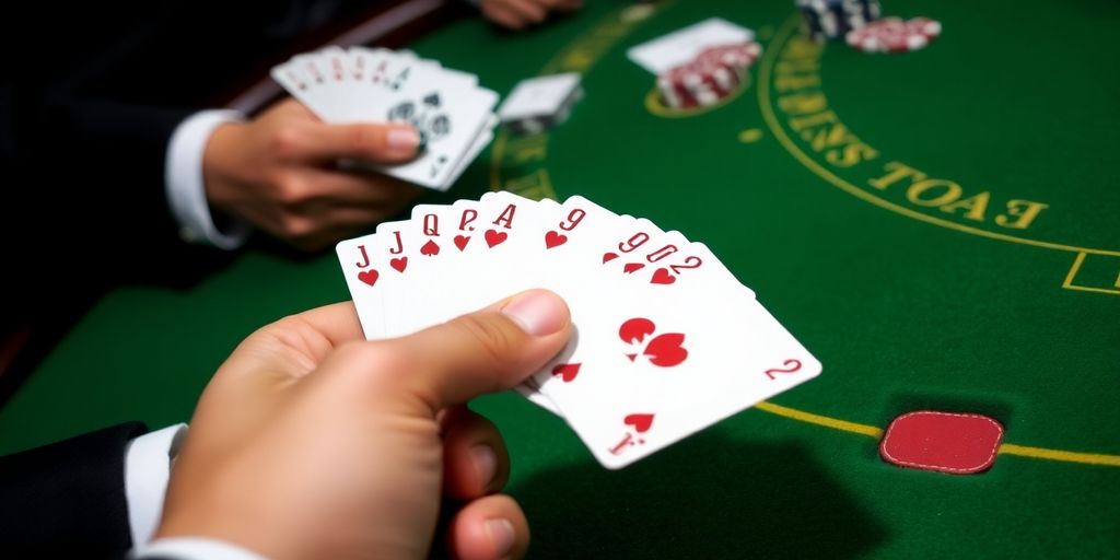 Close-up of hands holding blackjack cards on a felt table.