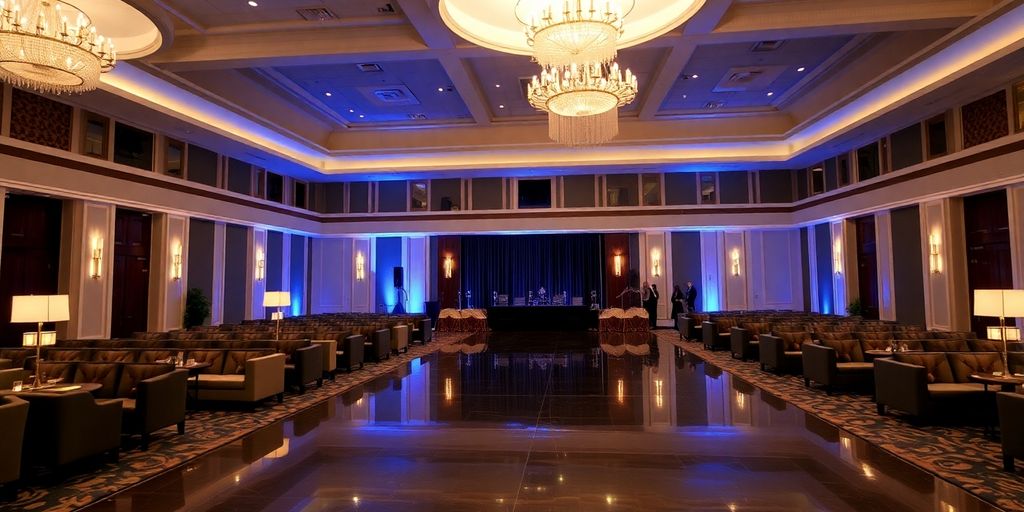 Elegant event venue with a grand ballroom and floral arrangements.