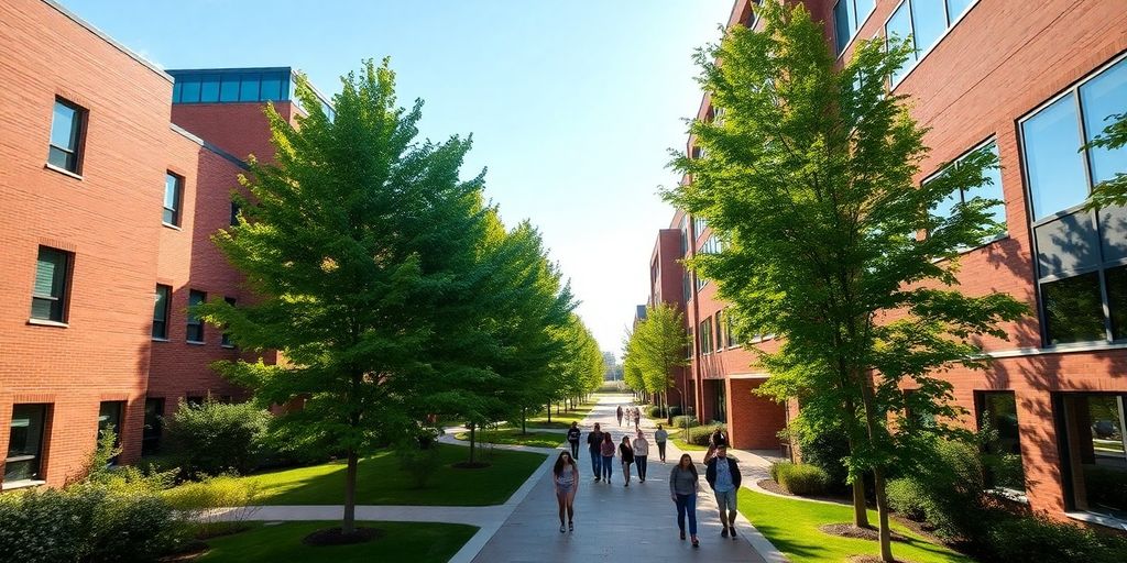 NJIT campus buildings, students walking, green trees.