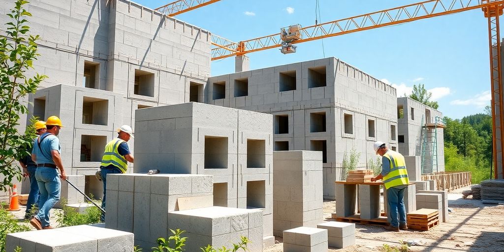 Construction workers with concrete foam in a green setting.