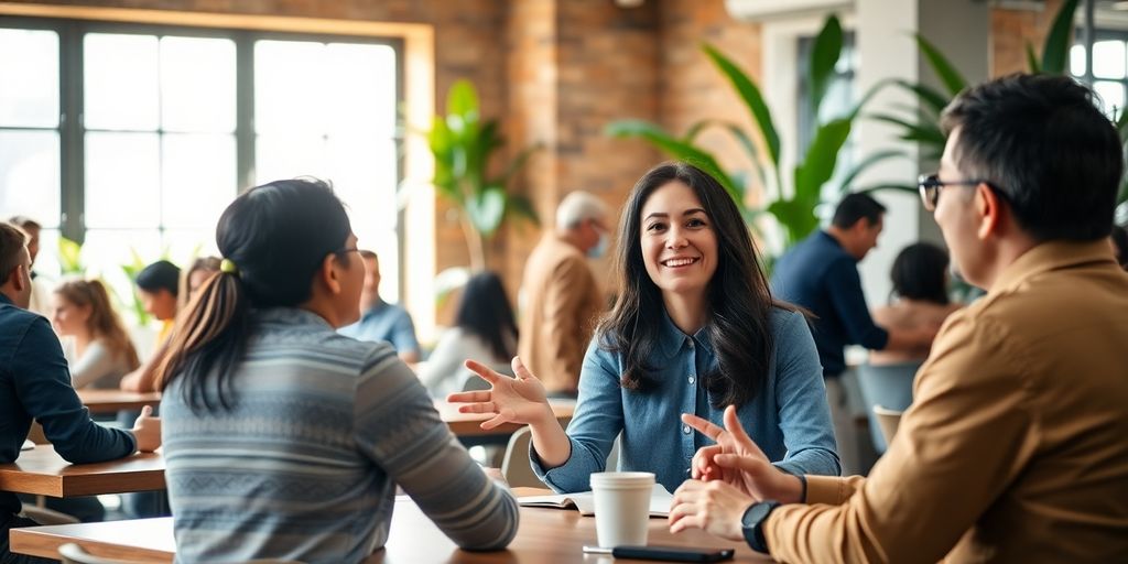 Diverse people meeting, light background, career guidance.