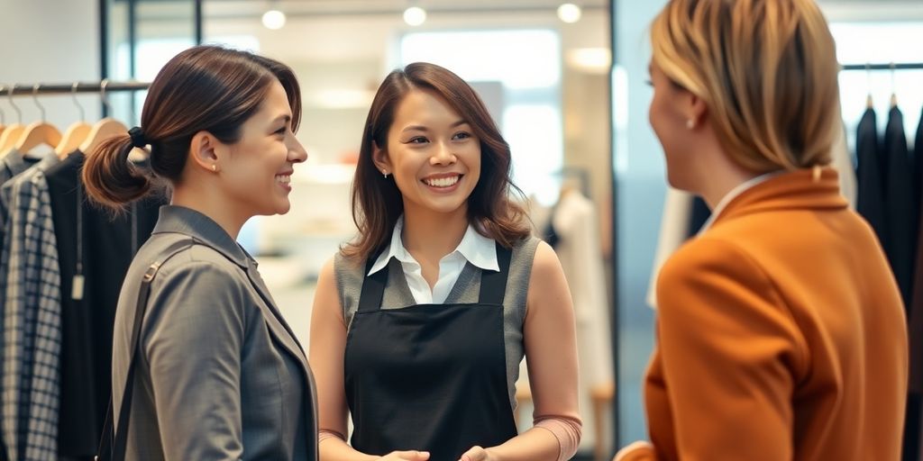 Customer service representative assisting a shopper.