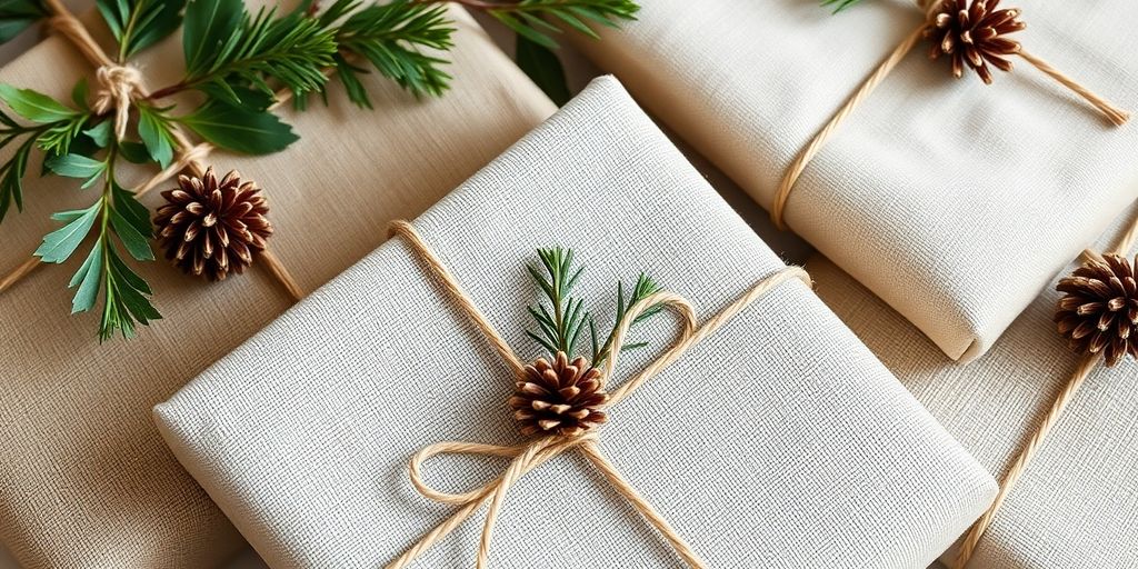 Festive reusable gift wrap, cloth ribbons, and natural elements.