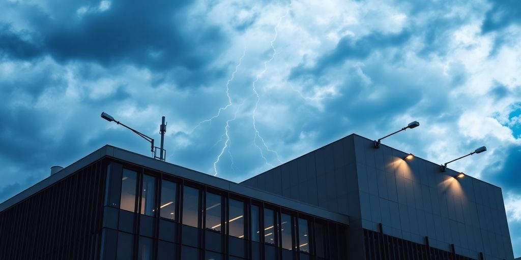 Modern building with lightning protection features and dark clouds.