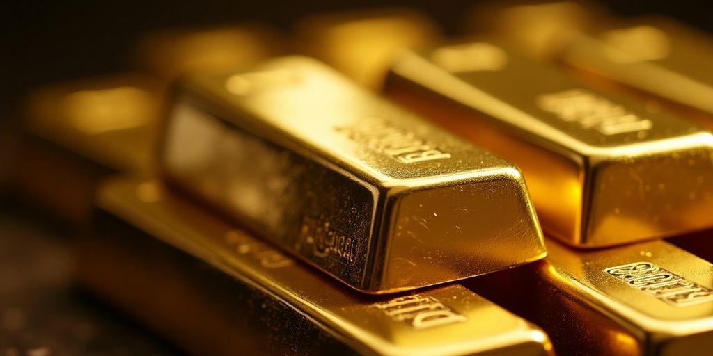 Barres d'or empilées sur un fond sombre.