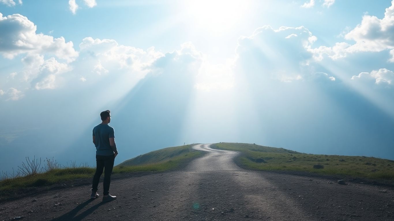Person at crossroads looking towards a bright horizon