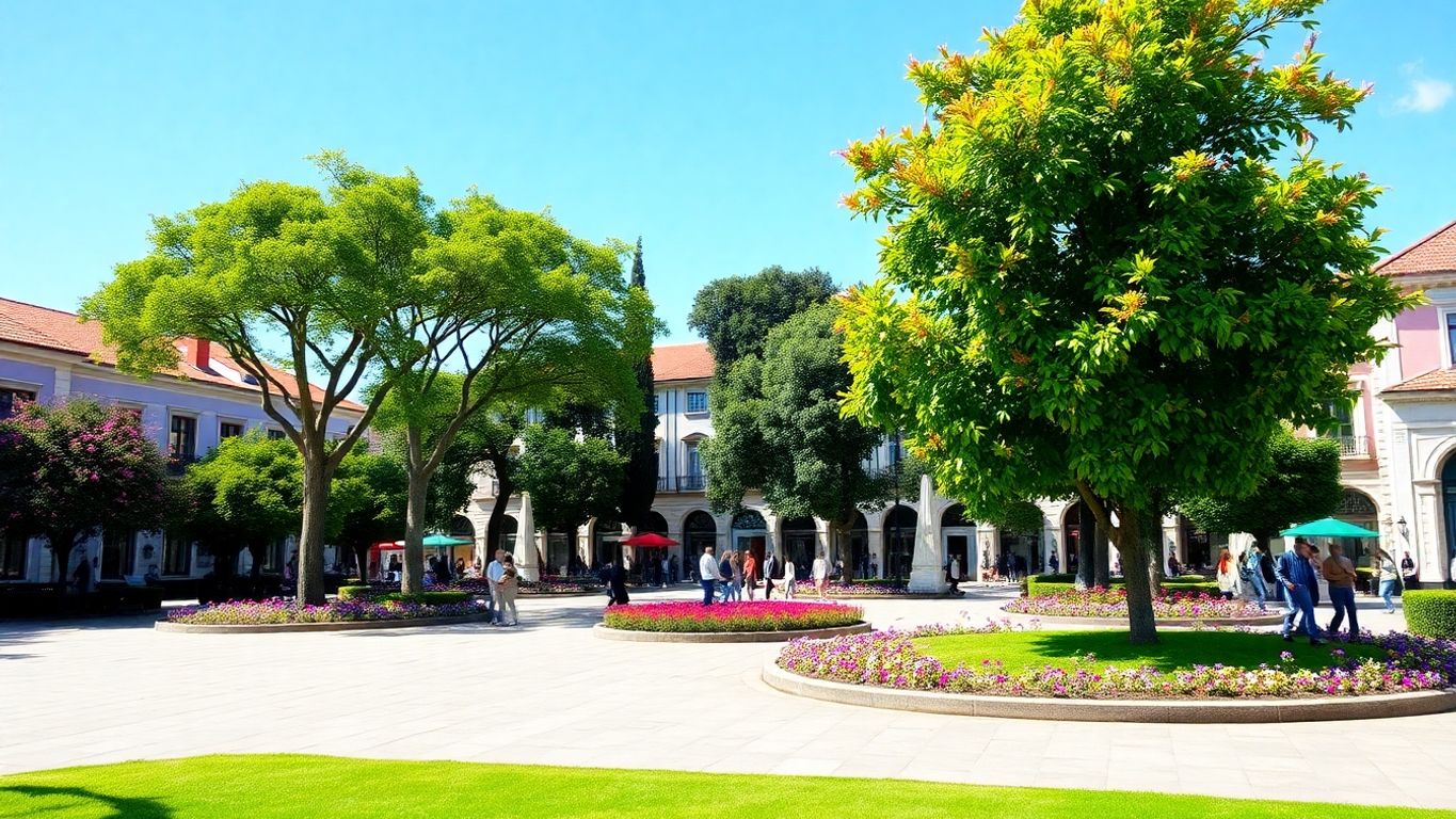 Praça Internacional com pessoas e flores coloridas. Praça Internacional com pessoas e flores coloridas.