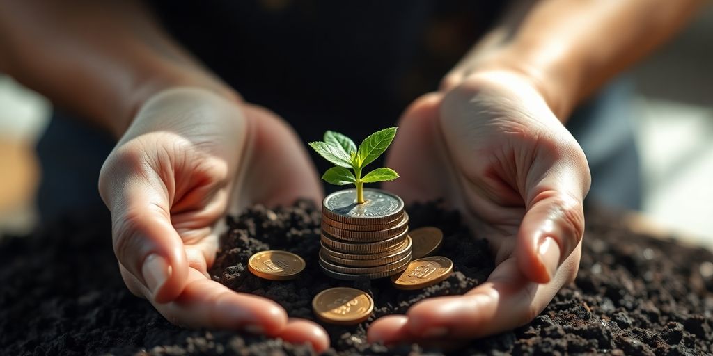 Person holding small plant growing from coins.